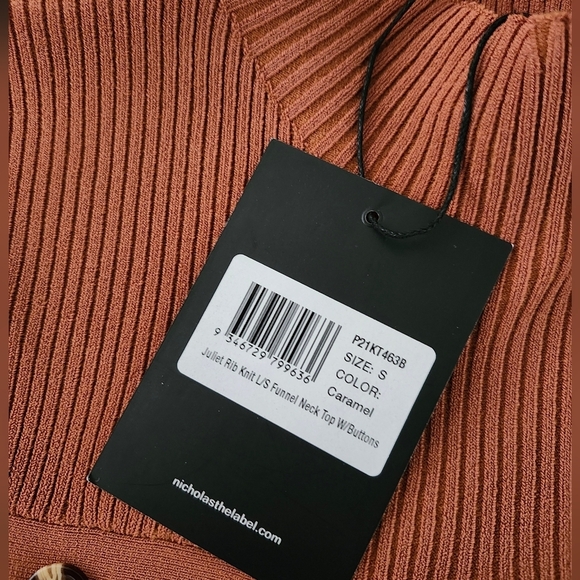 Nicholas Juliet Rib Knit Long Sleeve Cropped Funnel Neck Top in Caramel - Picture 11 of 12